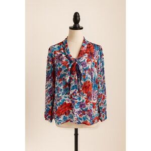 Vintage Karoline Floral Pleated Blouse | Size 12 | Tie-Front Vibrant Multicolor